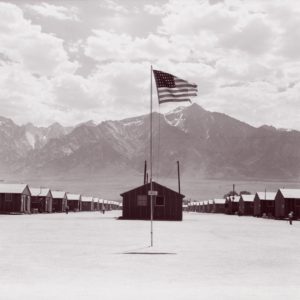 Manzanar Memorial with USA flag