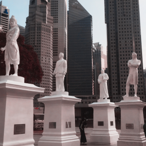 Statues of Sir Stamford Raffles, Munshi Abdullah, Tan Tock Seng, Naraina Pillai and Sang Nula Utama on pedestals at the Rafflers' landing site in Singapore