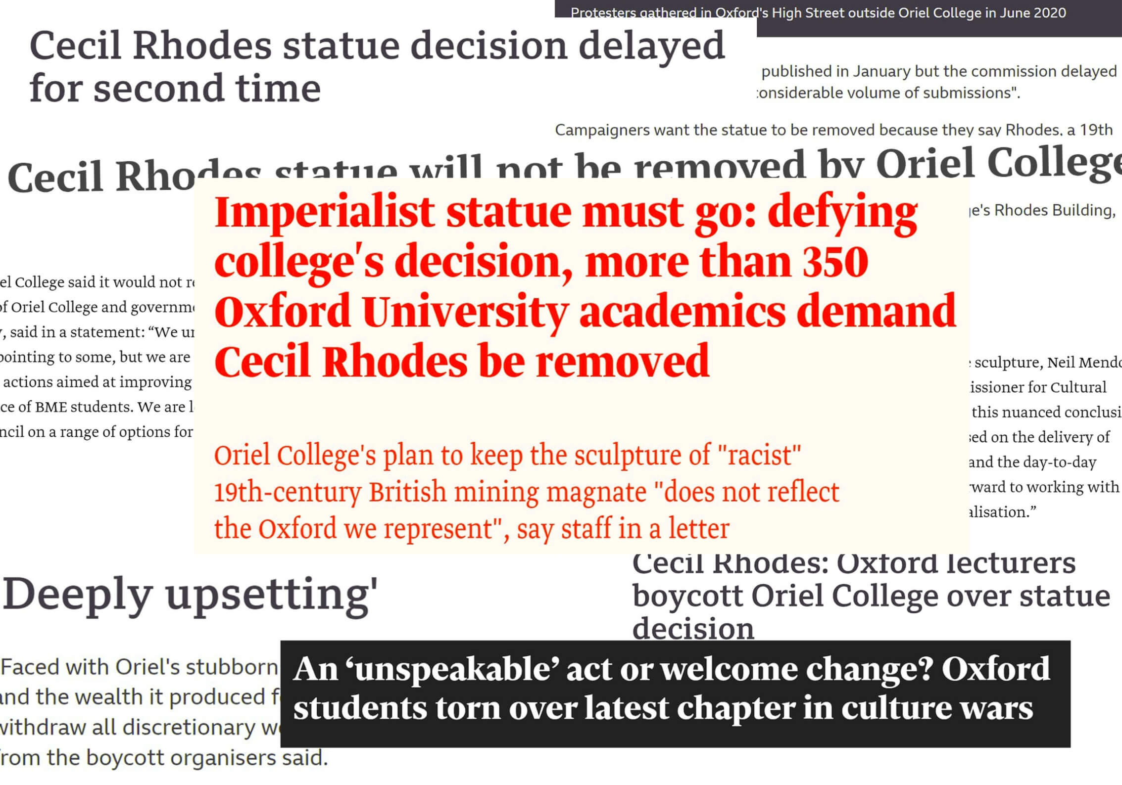 A collection of headlines about the Cecil Rhodes statue controversy at Oriel College in Oxford.
